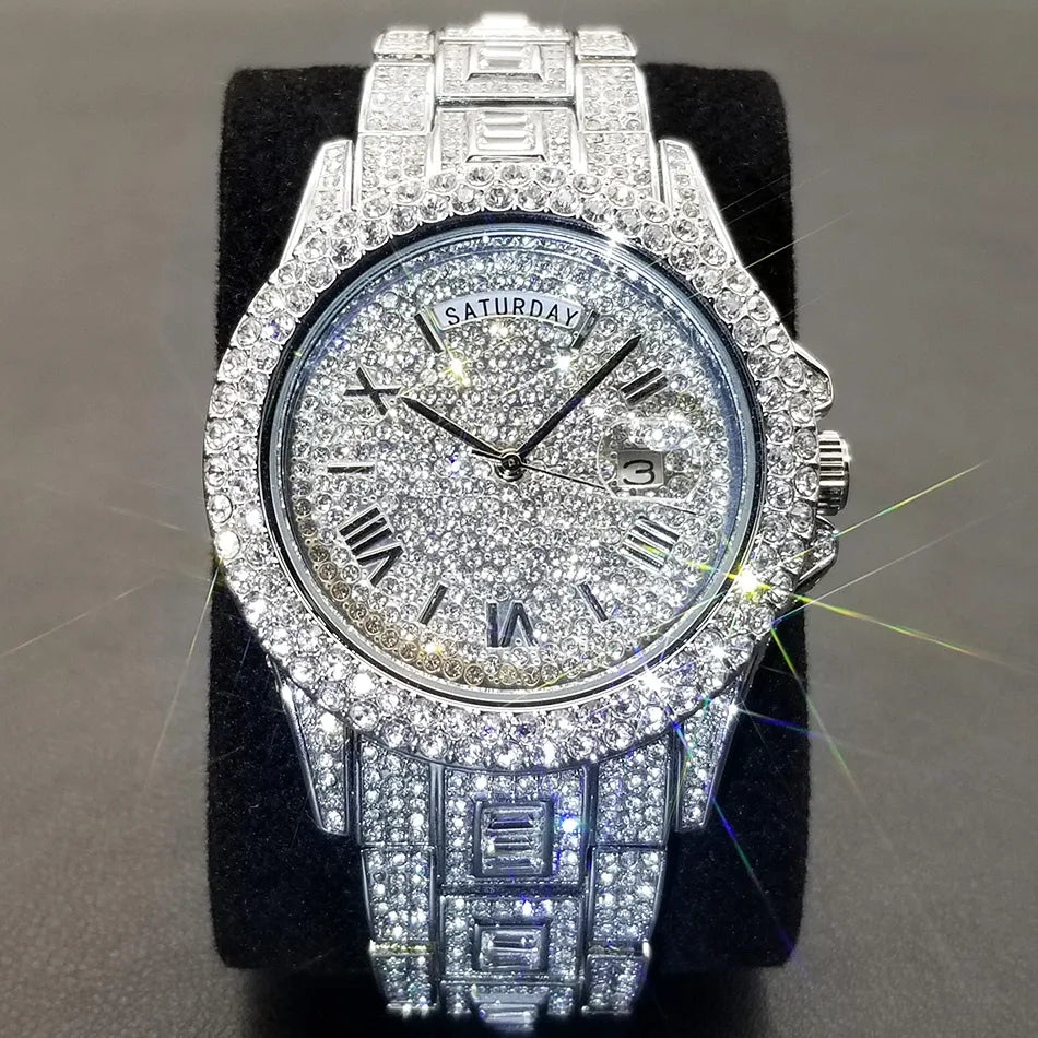 Valentine Special- New Day Date Watch For Men Luxury Full Diamond Silver Quartz Wristwatch Hip Hop Iced Out Waterproof Watches