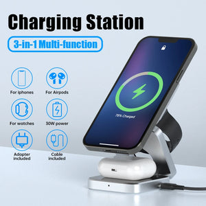 3 In 1 Foldable Magnetic Wireless Charger Stand For iPhone 15, 14, 13 Pro/Max/Plus, AirPods and Apple Watch