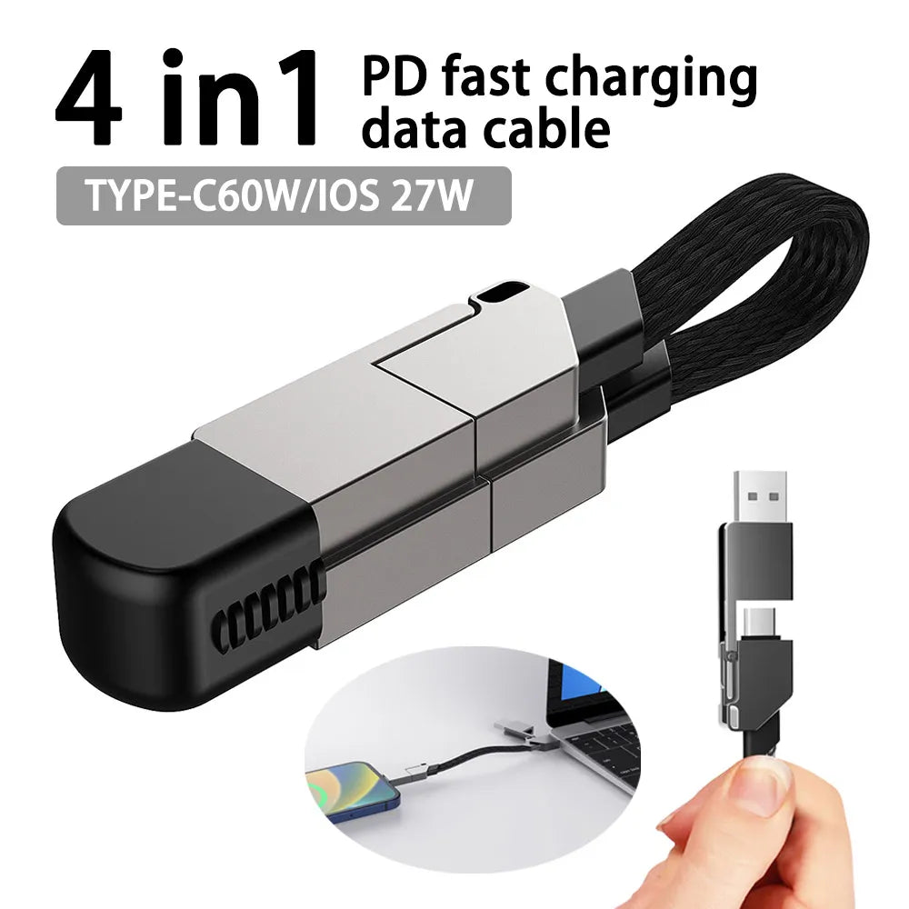 Multi Charging Cable Short for Travel Portable Magnetic Key ring 4 in 1 Fast Charger Cord PD 60W USB A/C to Type C for Phone Pads