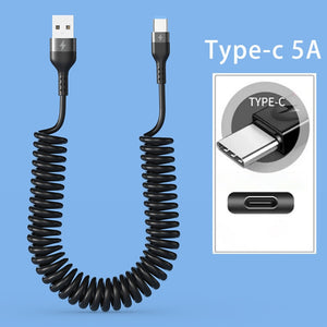 5A 66W Fast Charging USB Type C Cable 3A Micro USB Spring Car Cable