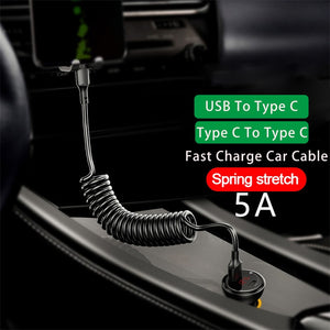 5A 66W Fast Charging USB Type C Cable 3A Micro USB Spring Car Cable
