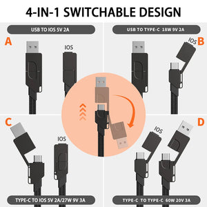 Multi Charging Cable Short for Travel Portable Magnetic Key ring 4 in 1 Fast Charger Cord PD 60W USB A/C to Type C for Phone Pads